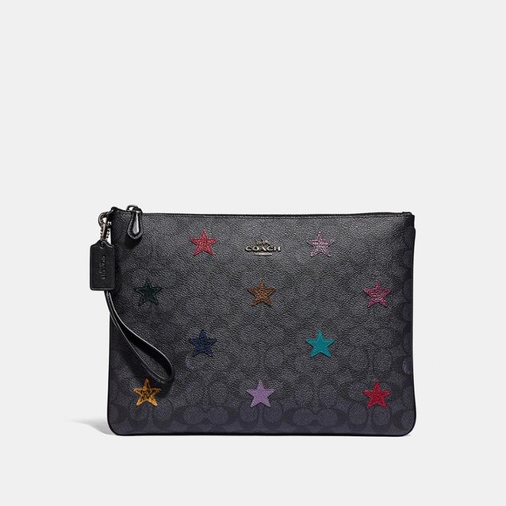 Coach Large Wristlet 30 In Signature Canvas With Star Applique And Snakeskin Detail