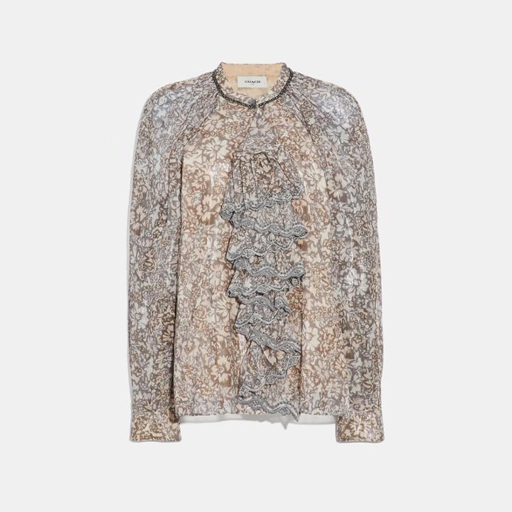 Coach Scattered Rose Bouquet Printed Top With Ruffle