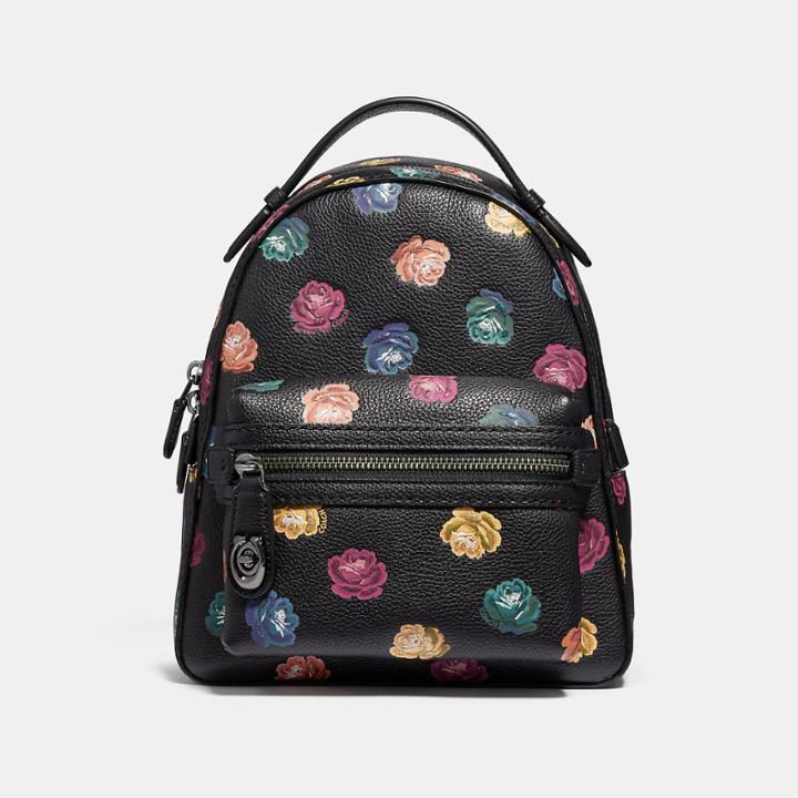 Coach Campus Backpack 23 In Polished Pebble Leather With Rainbow Rose Print