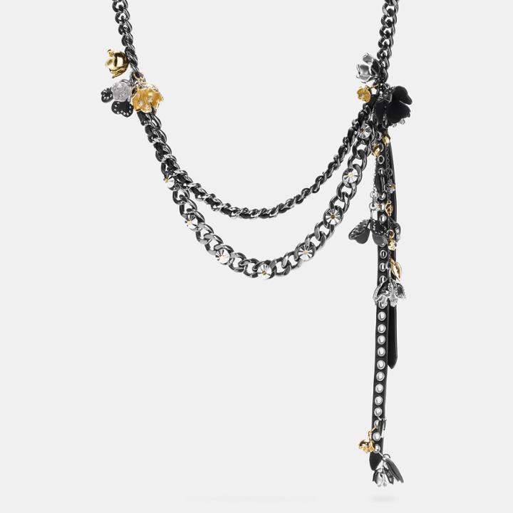 Coach Studded Tea Rose Woven Charm Necklace