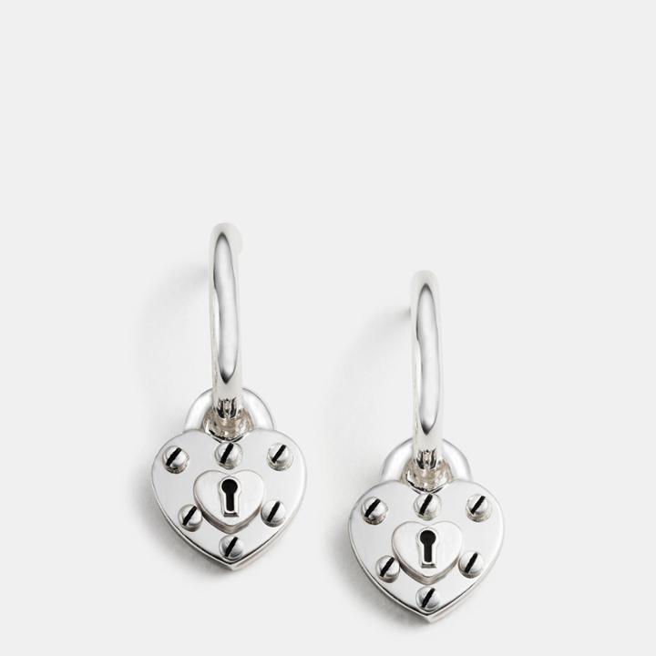 Coach Sterling Silver Heart Lock Hoop Earrings
