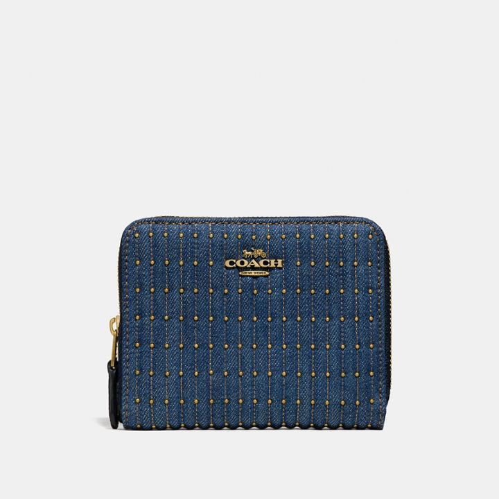 Coach Small Zip Around Wallet With Quilting And Rivets