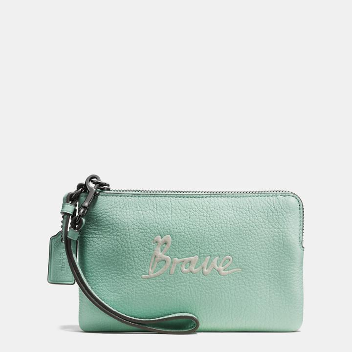 Coach Luck Script Corner Zip Wristlet In Leather