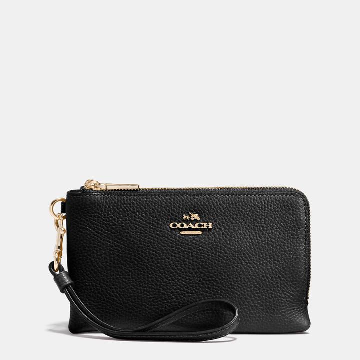 Coach Double Corner Zip Wristlet In Pebble Leather