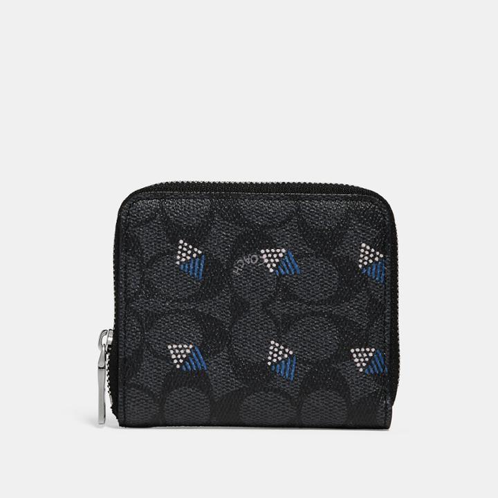 Coach Small Zip Around Wallet In Signature Canvas With Dot Diamond Print