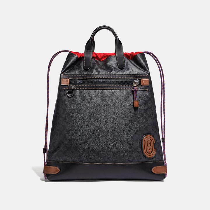 Coach Academy Drawstring Backpack In Signature Canvas With Patch