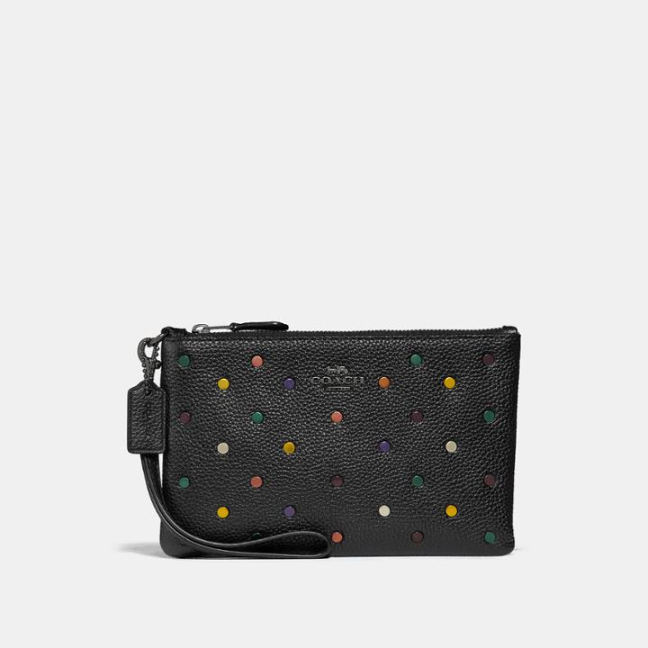 Coach Small Wristlet In Polished Pebble Leather With Rainbow Rivets