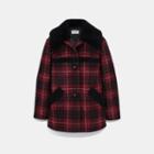 Coach Plaid Wool Coat With Shearling Trim