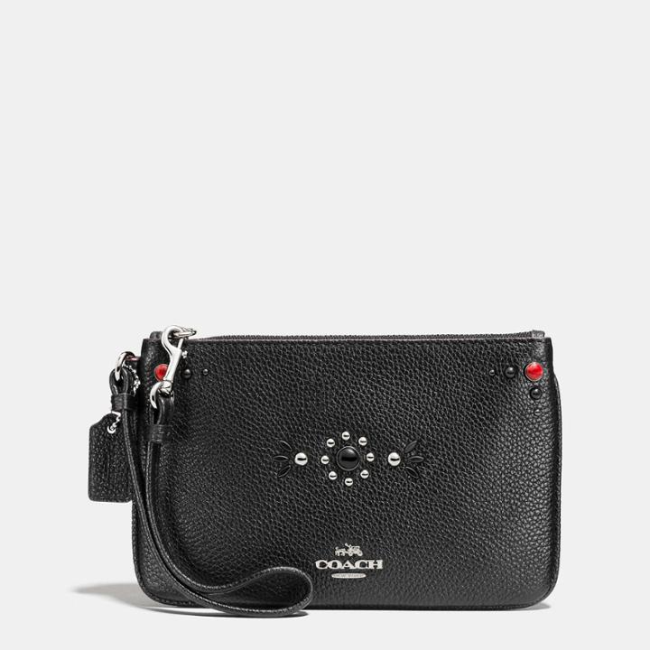 Coach Small Wristlet In Polished Pebble Leather With Western Rivets
