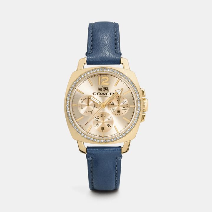 Coach Boyfriend 34mm Gold Plated Multifunction Leather Strap Watch