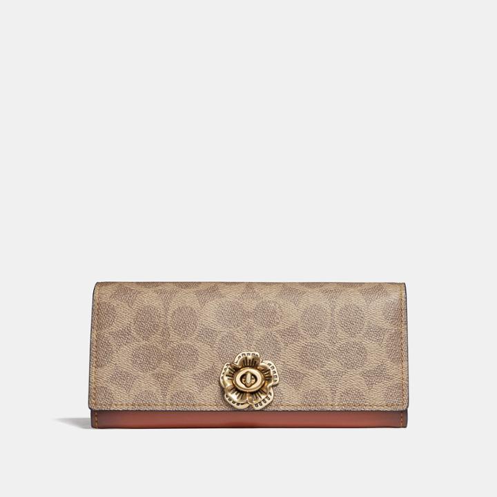 Coach Envelope Wallet In Colorblock Signature Canvas With Tea Rose Turnlock