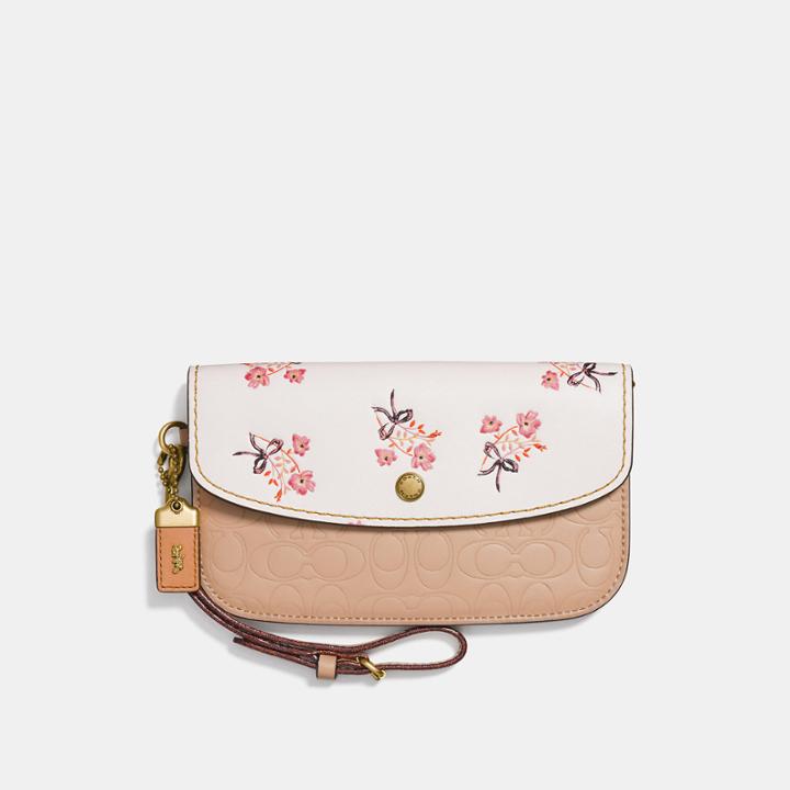 Coach Clutch In Signature Leather With Floral Bow Print