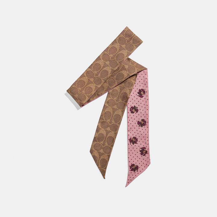 Coach Signature And Floral Print Silk Skinny Scarf