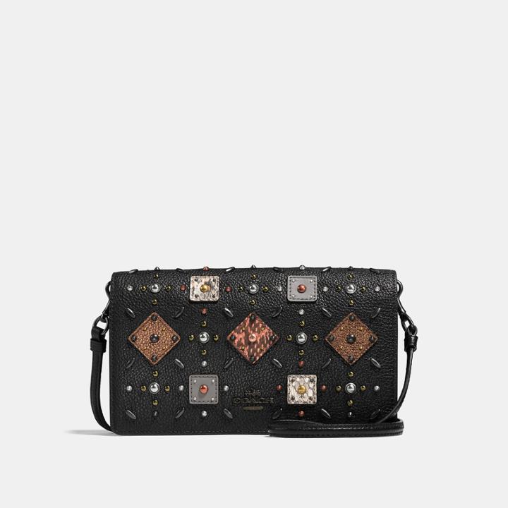 Coach Foldover Crossbody Clutch With Prairie Rivets And Snakeskin Detail