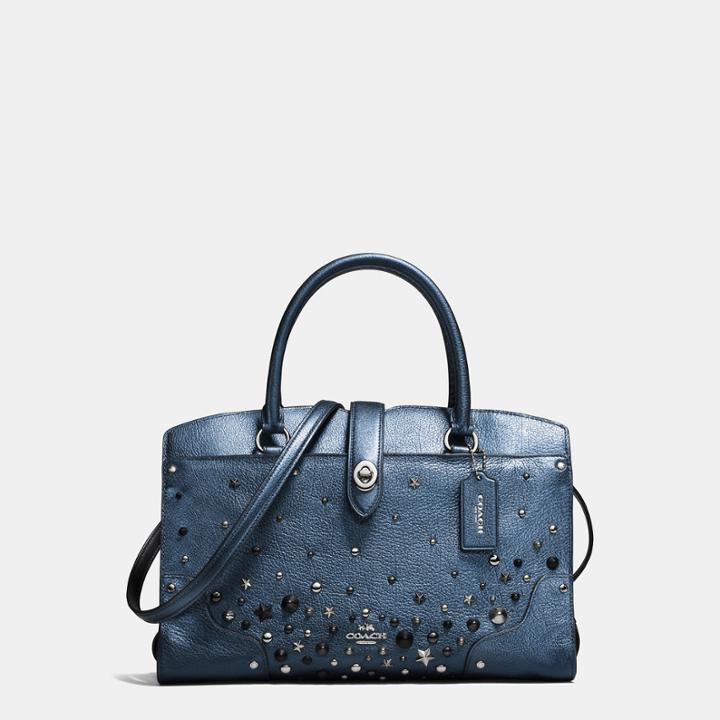 Coach Mercer Satchel 30 In Metallic Leather With Star Rivets
