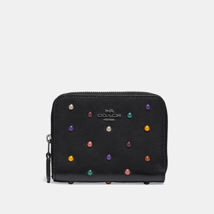 Coach Small Zip Around Wallet In Polished Pebble Leather With Rainbow Rivets