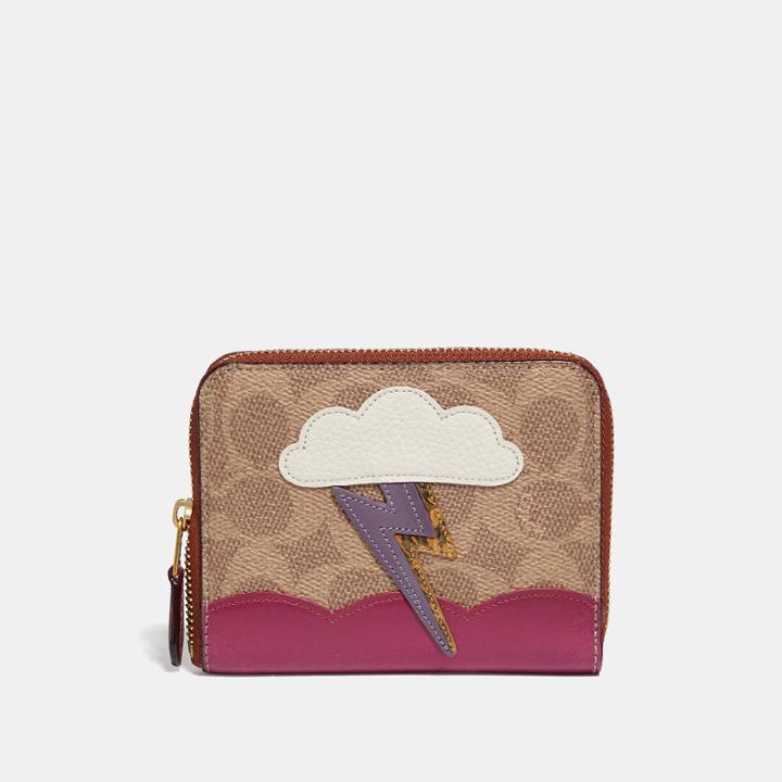 Coach Small Zip Around Wallet In Signature Canvas With Lightning Cloud Applique And Snakeskin Detail