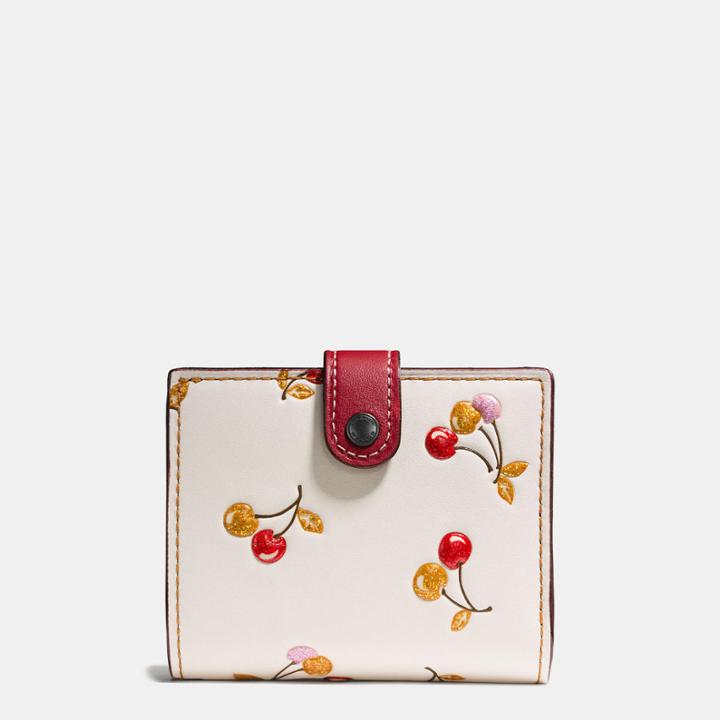 Coach Small Trifold Wallet In Glovetanned Leather With Cherry Print