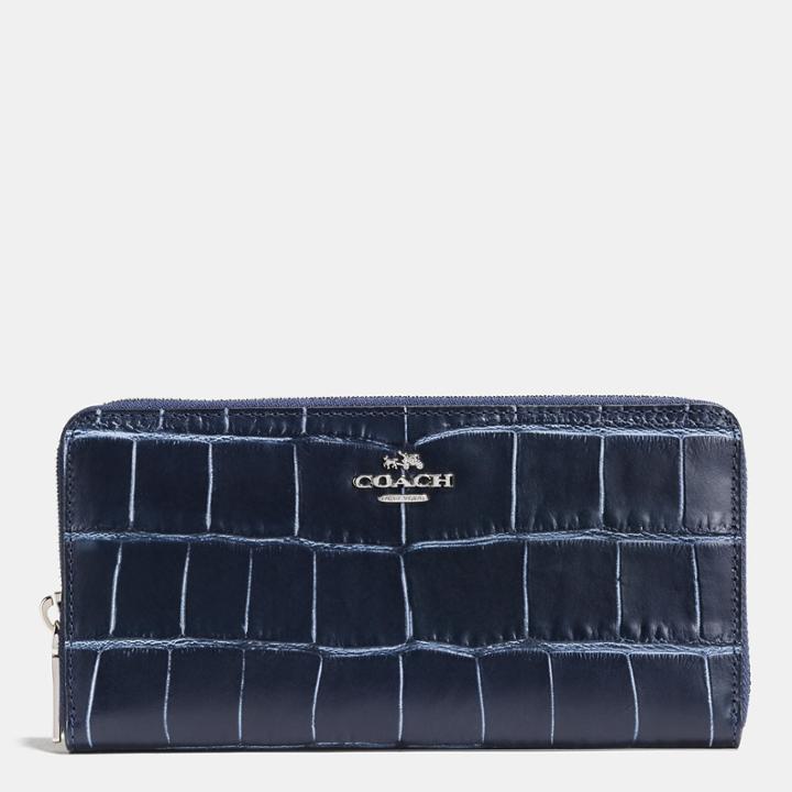Coach Accordion Zip Wallet In Denim Croc-embossed Leather