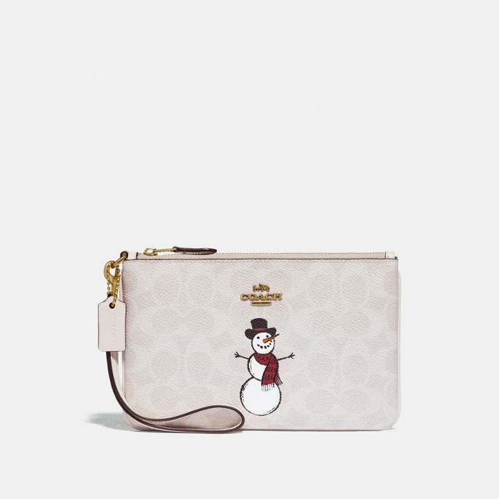 Coach Small Wristlet In Signature Canvas With Snowman