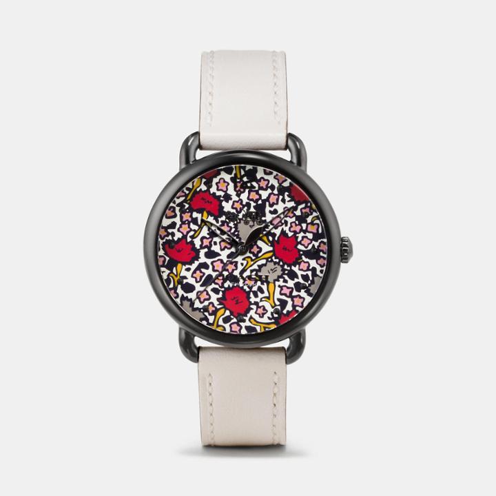 Coach Delancey Ionized Plated Floral Dial Leather Strap Watch