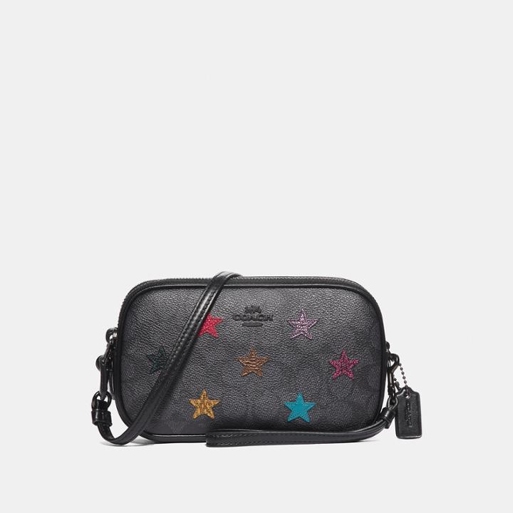 Coach Sadie Crossbody Clutch In Signature Canvas With Star Applique And Snakeskin Detail