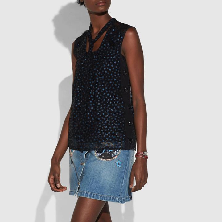 Coach Star Print Sleeveless Tie Neck Blouse