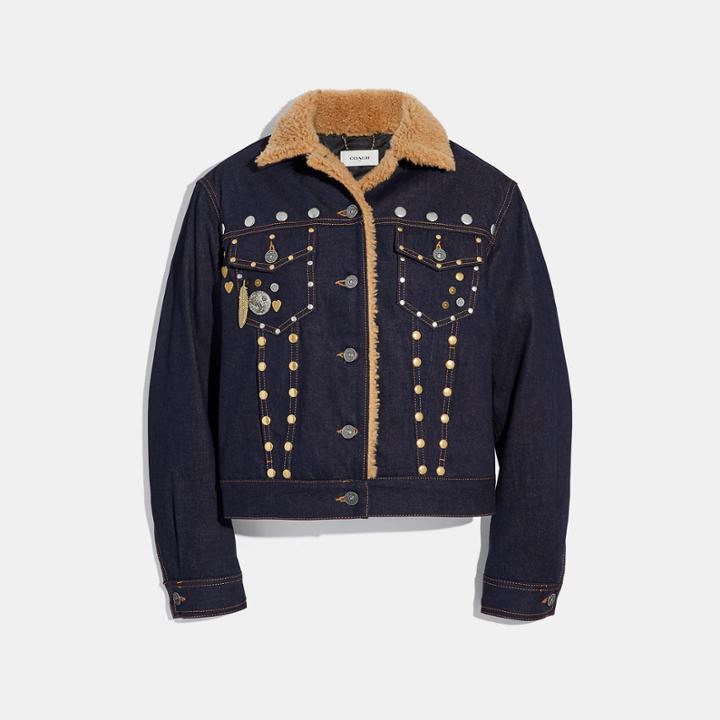 Coach Embellished Denim Jacket With Shearling