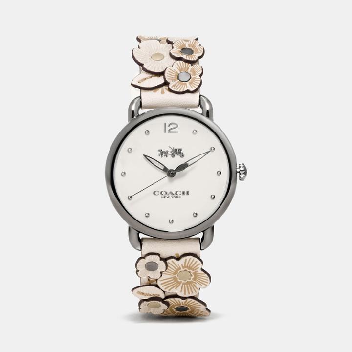 Coach Delancey Leather Strap Watch With Floral Applique