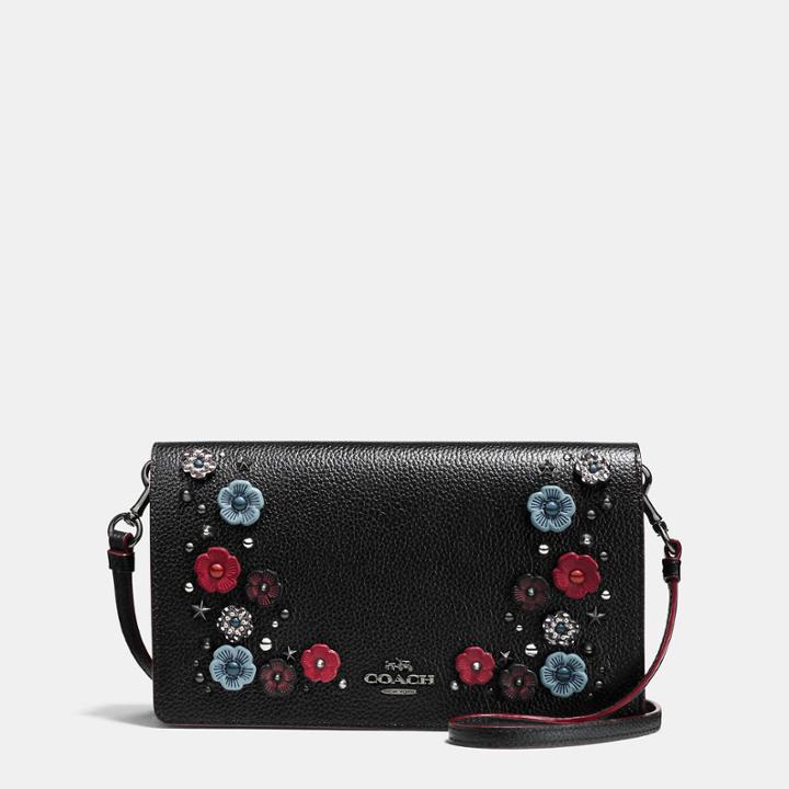 Coach Foldover Crossbody Clutch In Polished Pebble Leather With Snake Willow Floral
