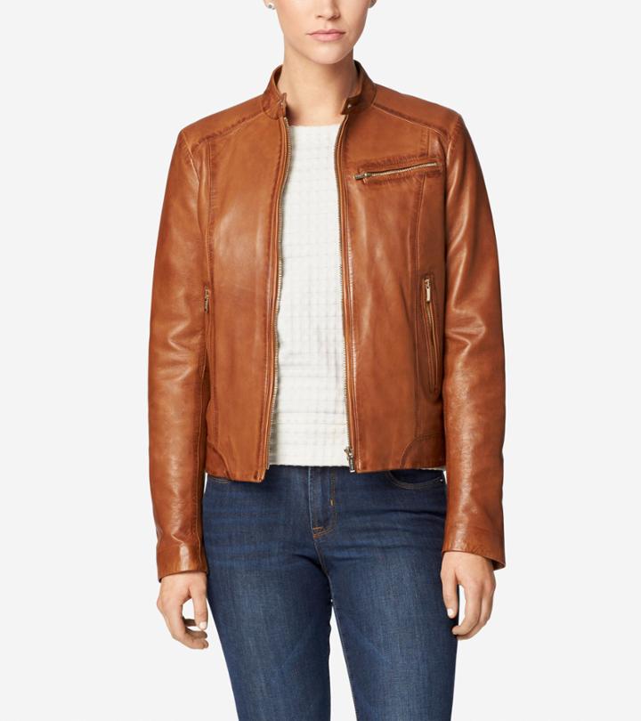 Cole Haan Womens Burnished Lamb Leather Band-collar Moto Jacket