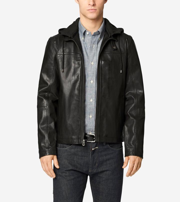 Cole Haan Mens Washed Leather Hooded Moto Jacket