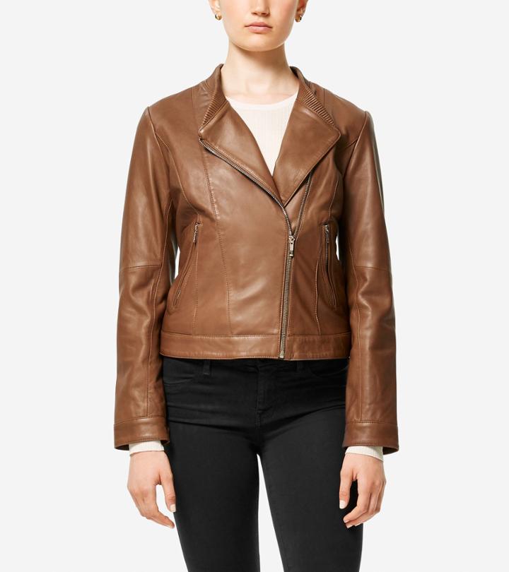 Cole Haan Womens Smooth Lambskin Asymmetric Baseball Jacket