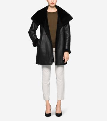 Cole Haan Womens Hooded Shearling Coat