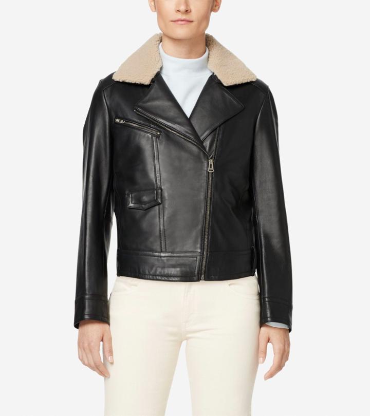 Cole Haan Women's Leather Moto Jacket With Shearling Collar