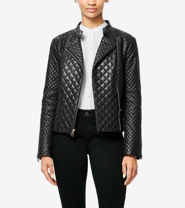 Cole Haan Womens Italian Smooth Lambskin Quilted Moto Jacket