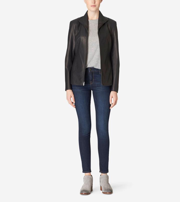 Cole Haan Womens Italian Leather Wing Collar Jacket