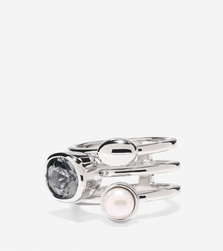 Womens Cole Haan Cocktail Hour Oval Stone Round Fresh Water Pearl 3 Row Ring