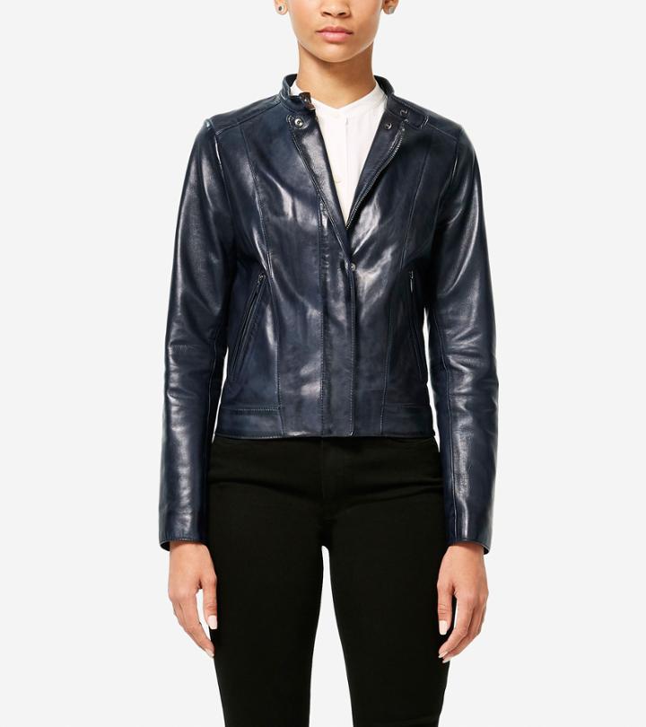 Cole Haan Womens Burnished Lambskin Racer Jacket