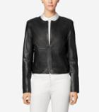 Cole Haan Womens Luxe Lamb Leather Woven Collarless Moto Jacket