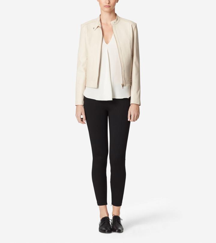 Cole Haan Womens Leather Racer Jacket With Stand Collar