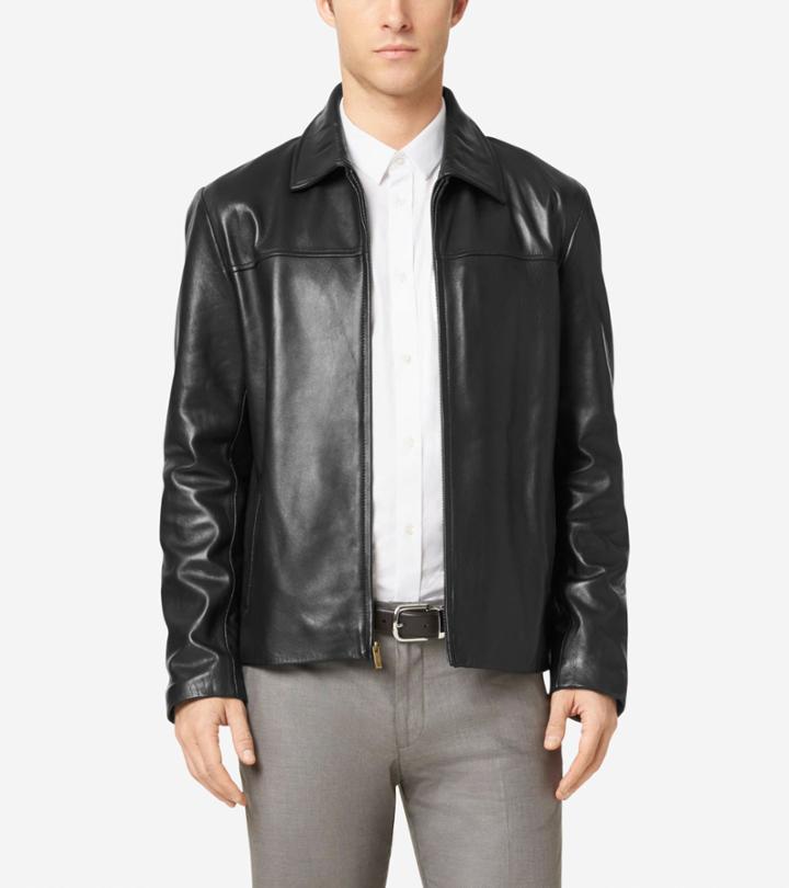 Cole Haan Men's Smooth Leather Shirt Collar Jacket