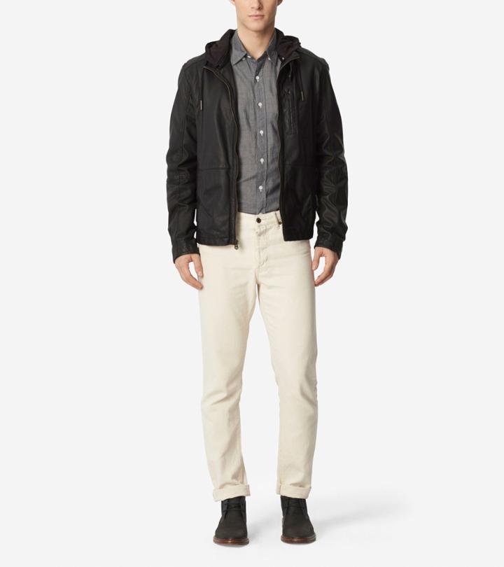 Mens Cole Haan Hooded Washed Leather Moto