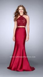 Gigi - Feisty Embroidered Halter Crop Top Long Evening Gown 24491