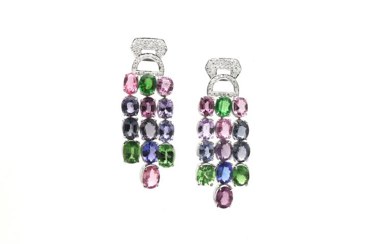 Tresor Collection - Multicolor Spinal, Tanzanite, Tsavorite Garnet And Diamond Earrings In 18k White Gold