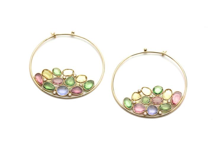 Tresor Collection - Multicolor Stones Hoop Earrings In 18k Yellow Gold