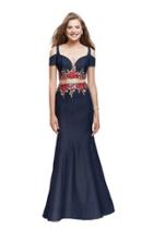 La Femme - 25848 Cold Shoulder Floral Two Piece Denim Gown