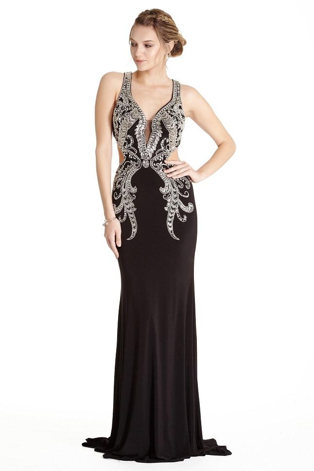 Aspeed - L1780 Embellished Deep V-neck Sheath Evening Dress