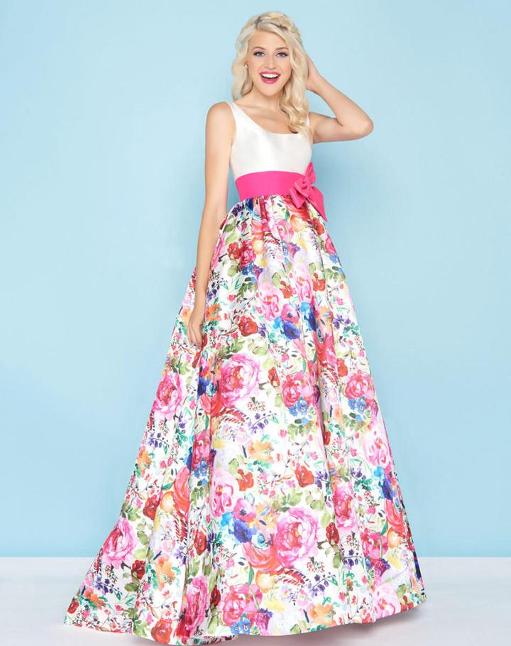 Mac Duggal - 66324h Scoop Neck Floral Printed Mikado Gown