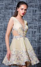 Mnm Couture - K3574 Deep V-neck Floral Appliqued Short Dress